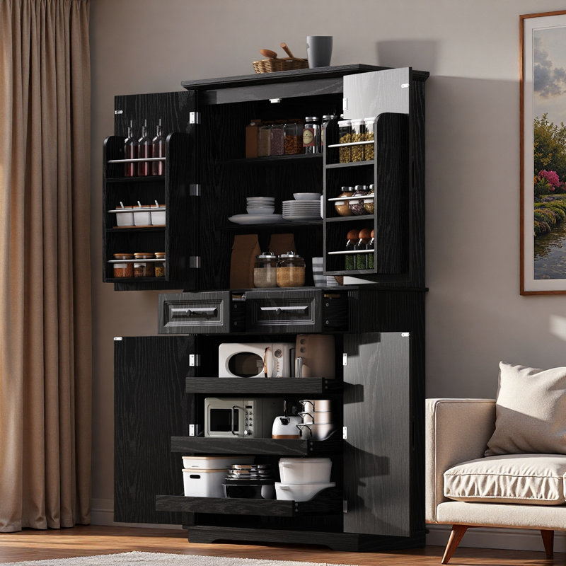 Grand garde-manger avec 3 armoires coulissantes, 6 portes et 2 tiroirs, Black