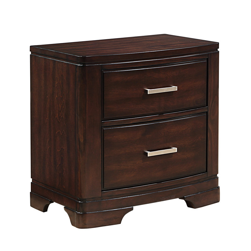Table de chevet de chambre à coucher à deux tiroirs de style transitionnel avec poignées, tiroirs de 26 po de profondeur et barre polie, meubles