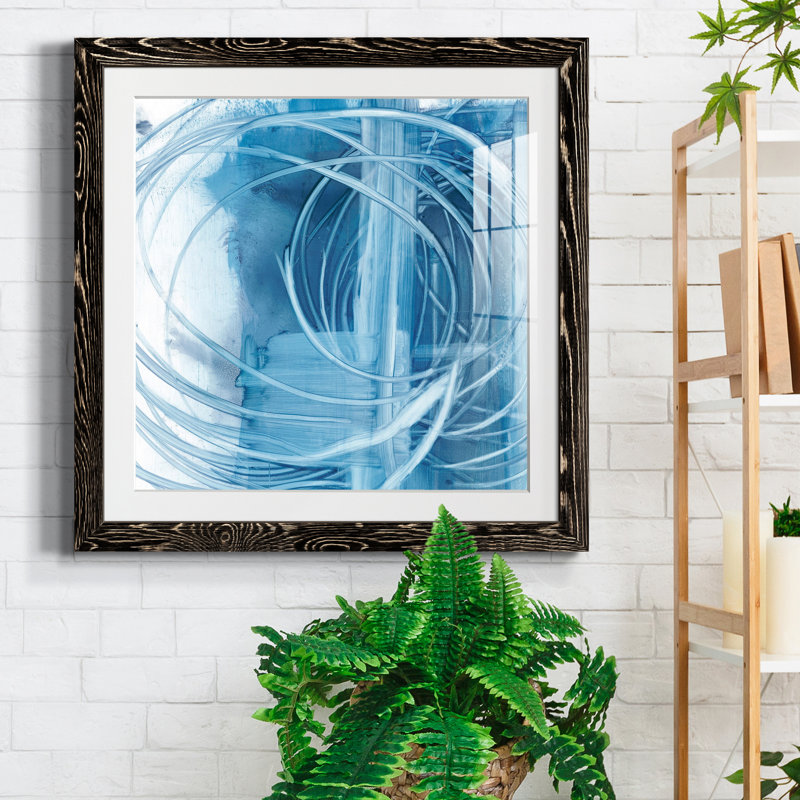 Indigo Expression II - Painting, Distressed Black Framed Paper, 22.5" H x 22.5" W x 1.5" D, White