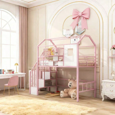 Twin Size Metal Loft Bed with Roof Design & Storage Box, Pink Playful Cottage Loft Bed for Girls Room with Safety Guardrail (Mattress not included)