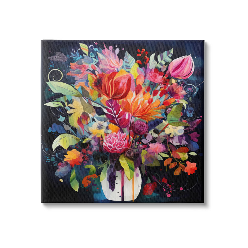 Fleurs modernes sur fond bleu sur toile, H 17 po x l 17 po x P 1,5 po