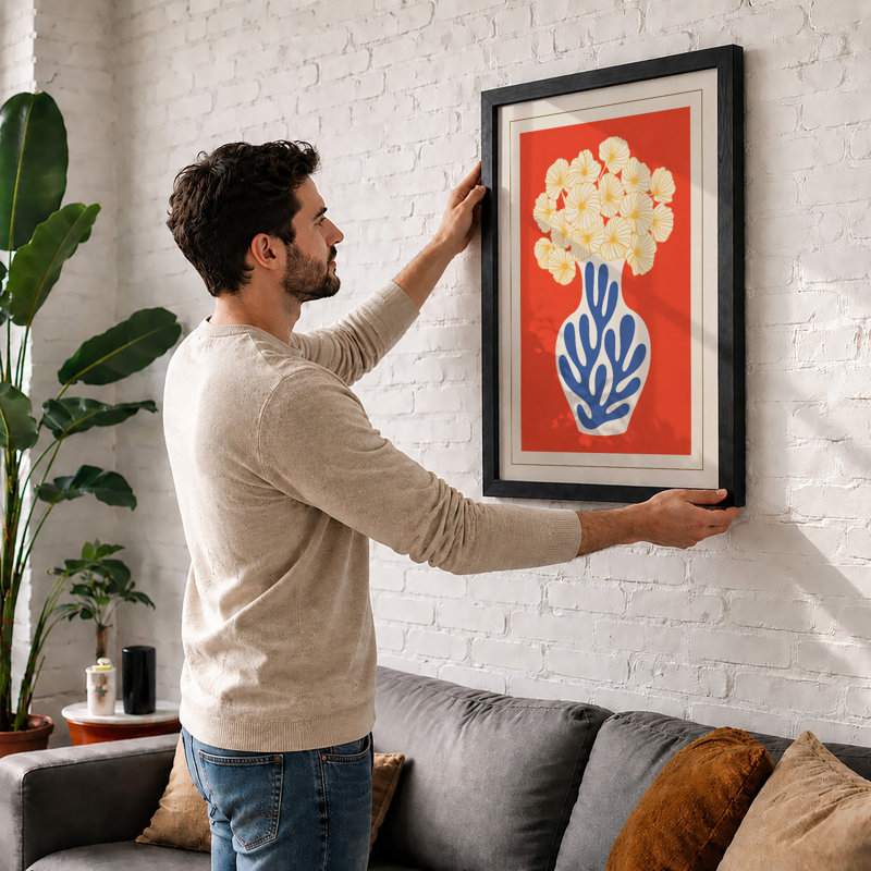 Floral Arrangement in Blue Mid-Century - Framed Print, A3 - 42.0 x 29.7 cm, White