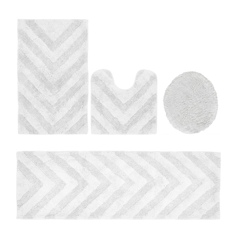 Ensemble de tapis pour salle de bain 100% coton de qualité supérieure Hugo 4 pièces avec envers antidérapant, lavable à la machine, luxueux tapis Chervon à motif super absorbant et touffeté pour la salle de bain, la douche et la baignoire
