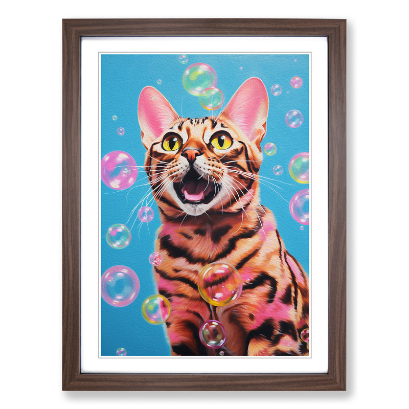 Bengal Cat Bubble Gum Painting No.2 - Framed Print, Walnut Framed, 46cm H x 34cm W x 2cm D