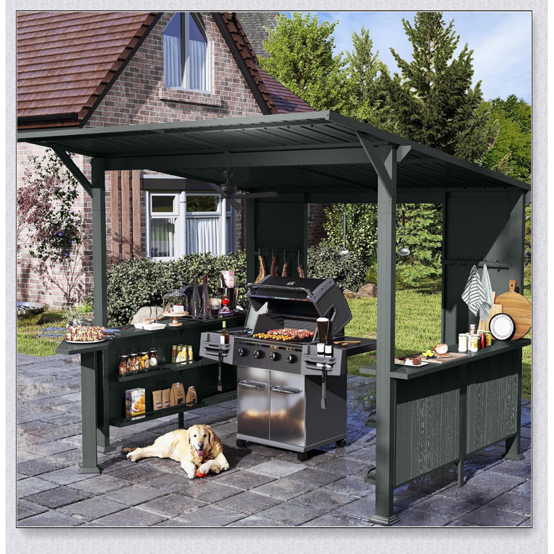 Pavillon de jardin 9 pi x 10 pi à toit rigide avec tablettes de rangement et plateforme d'extension, structure en acier galvanisé durable pour patio et cour arrière