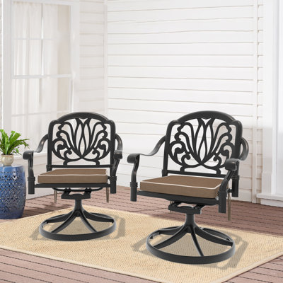 Outdoor Cast Aluminum Swivel Chair, 360° Swivel Function, with Brown Cushion (Set of 2)
