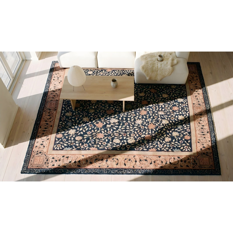 Antique Art Deco Chinese Allover Navy 1930s Rug