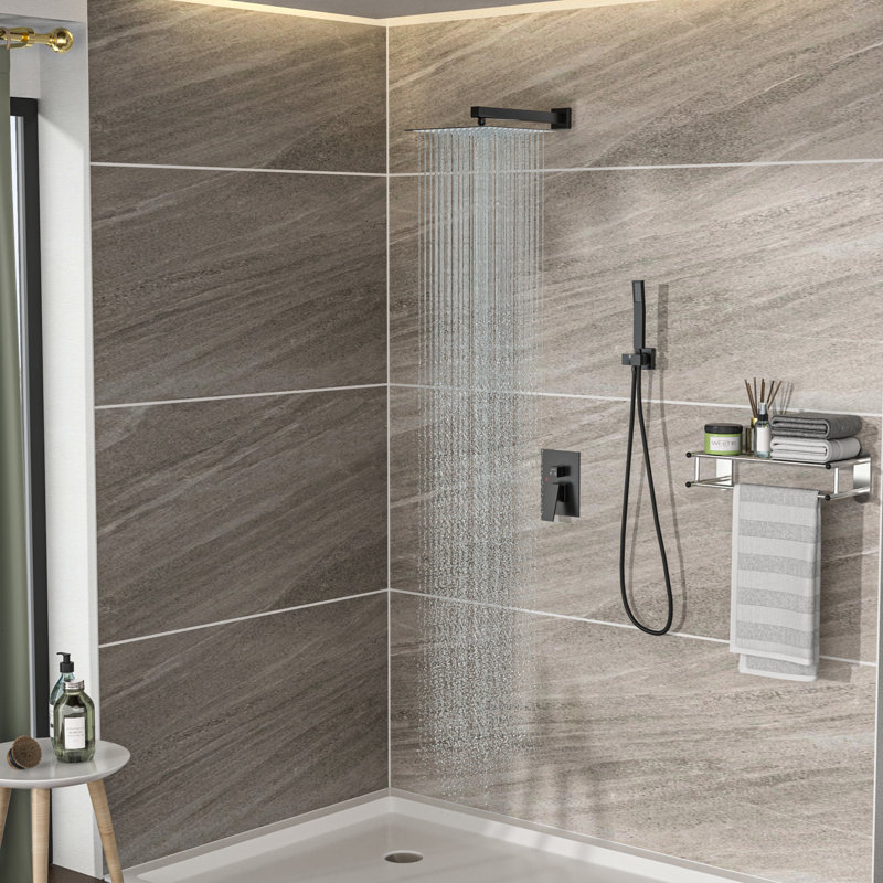 10 Inch Wall Mounted Dual Shower - Matte Black With Rainfall And Handheld Shower, 1.8 Gpm, Stainless Steel, Noise-Reduction Design Head Kit Black, Mounted, Handheld, Includes Installation Instructions