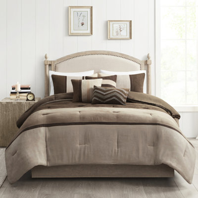 Queen Brown Faux Suede Comforter - 7 Piece , Calming Dreams Queen, Tranquil Bedding