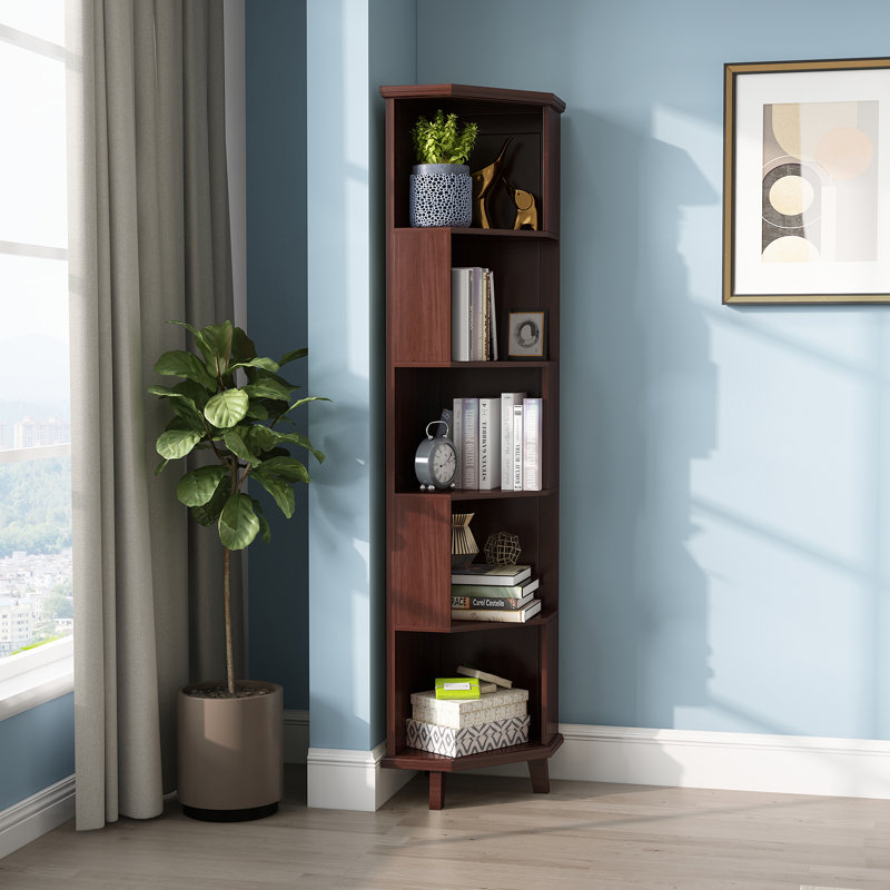 Solid Wood Corner Bookcase, Brown, (5 Shelves) 182.1cm H x 44.5cm W x 44.5cm D
