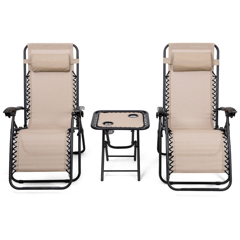 Ensemble de 3 chaises longues d'extérieur inclinables et pliantes portatives, Beige