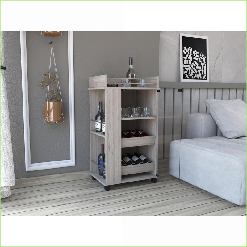 Chariot-bar moderne avec porte en verre, 2 tablettes latérales et amp; Roulettes, gris clair | Bois d'ingénierie, Gris clair