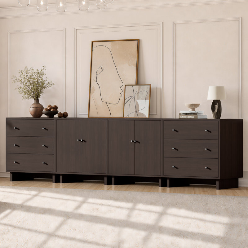 Ensemble de rangement modulaire Almaguer 4 pièces avec 6 tiroirs, 4 portes, étagères réglables et fini grain de bois, noyer brun