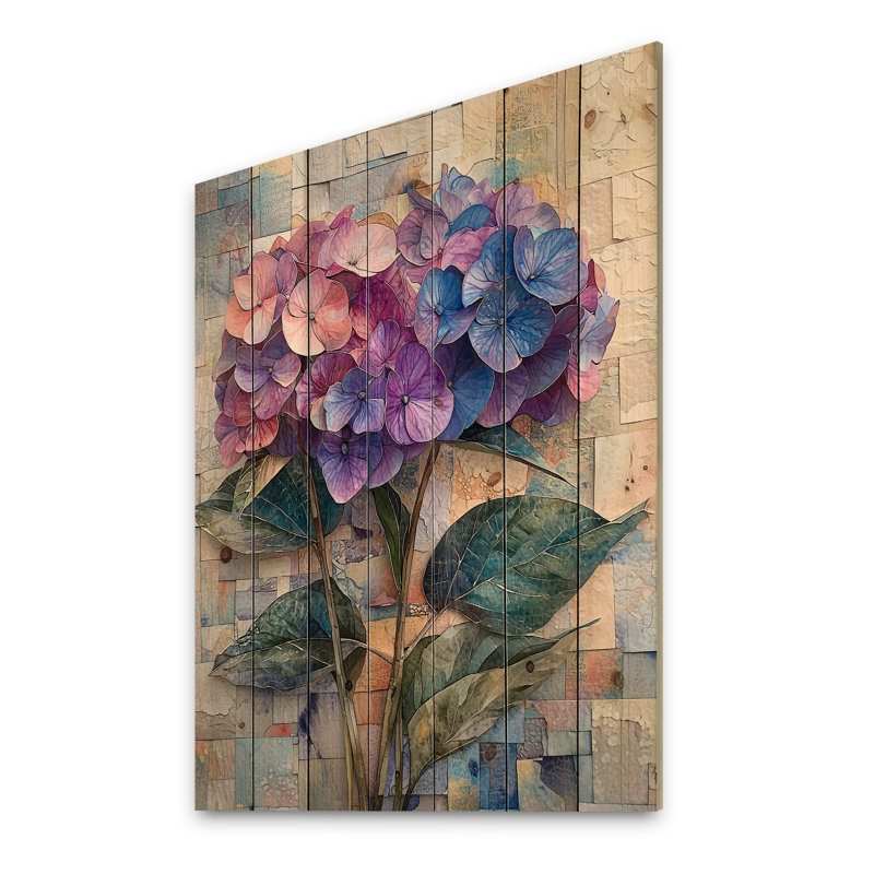 Collage abstrait floral d'hortensia II - art mural bois d'hortensia - sur bois de pin naturel, H 20 po x l 10 po x P 0,78 po