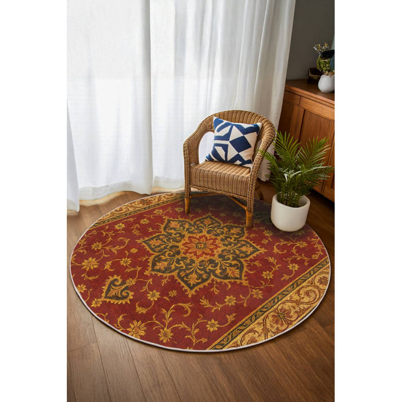Zyana Collection Digital Print Cotton-Polyester Red Yellow Moroccan Rug, Round 3'4"