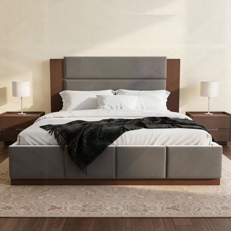 Structure de lit plateforme tapissier avec tête de lit en bois allongée, design moderne, pas de sommier tapissier, grand