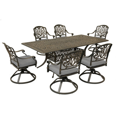 Ensemble de salle à manger 7 pièces rectangulaire en fonte d'aluminium avec 6 chaises pivotantes coussinées