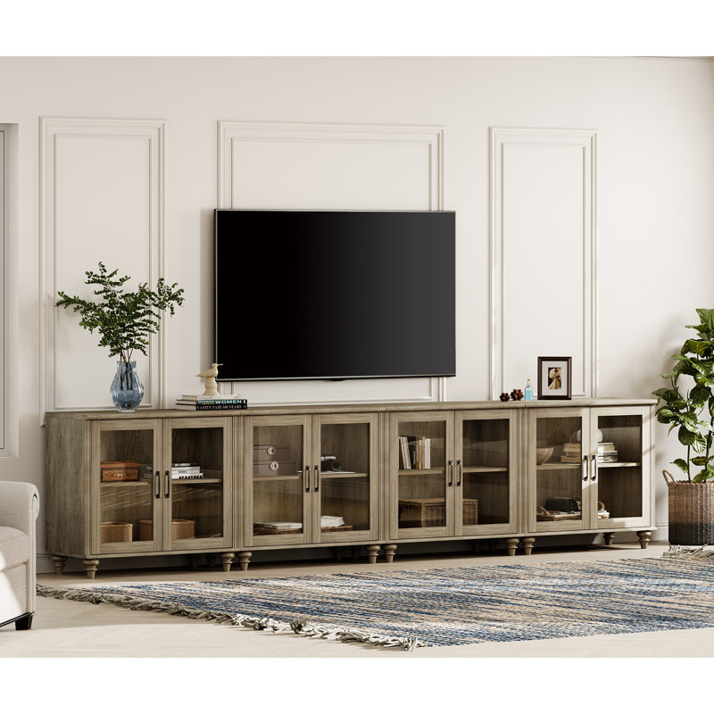 Scarlett Farmhouse TV Stand For 75 Inch TV With 4 Glass Doors, Wood Universal TV Stand With 4 Storage Cabinets, Entertainment Center TV Console Table For Living Room, Bedroom, Wash Grey