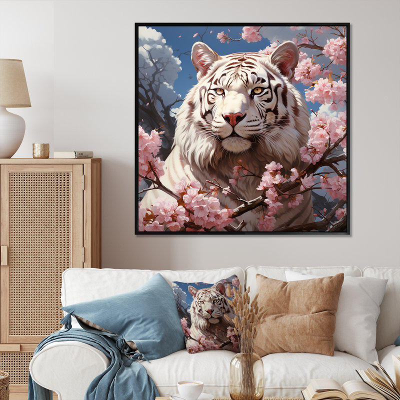 Fleur rose rose, tigre blanc II, art mural tigre, Cadre flottant noir, 36" H x 36" W