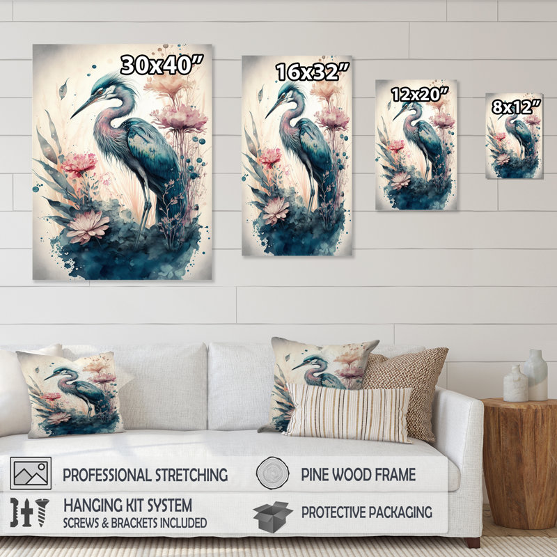 Mignon héron floral VI - peinture sur toile, H 32 po x l 24 po x P 1 po, Toile tendue