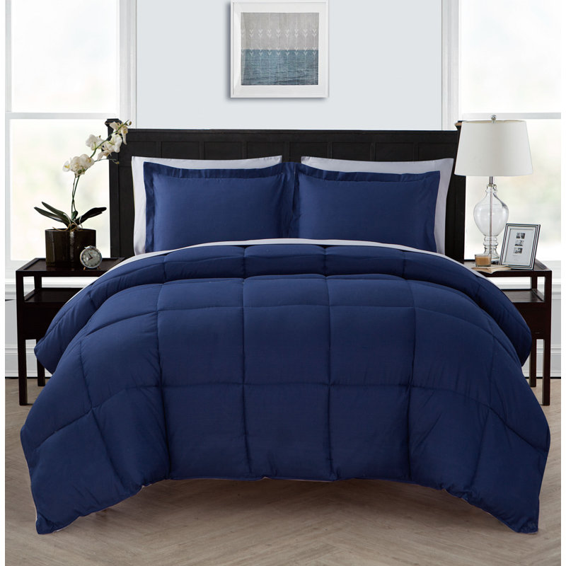 Ensemble d'édredon réversible moderne et contemporain en duvet 6 pièces Lincoln, Bleu marine avec gris clair