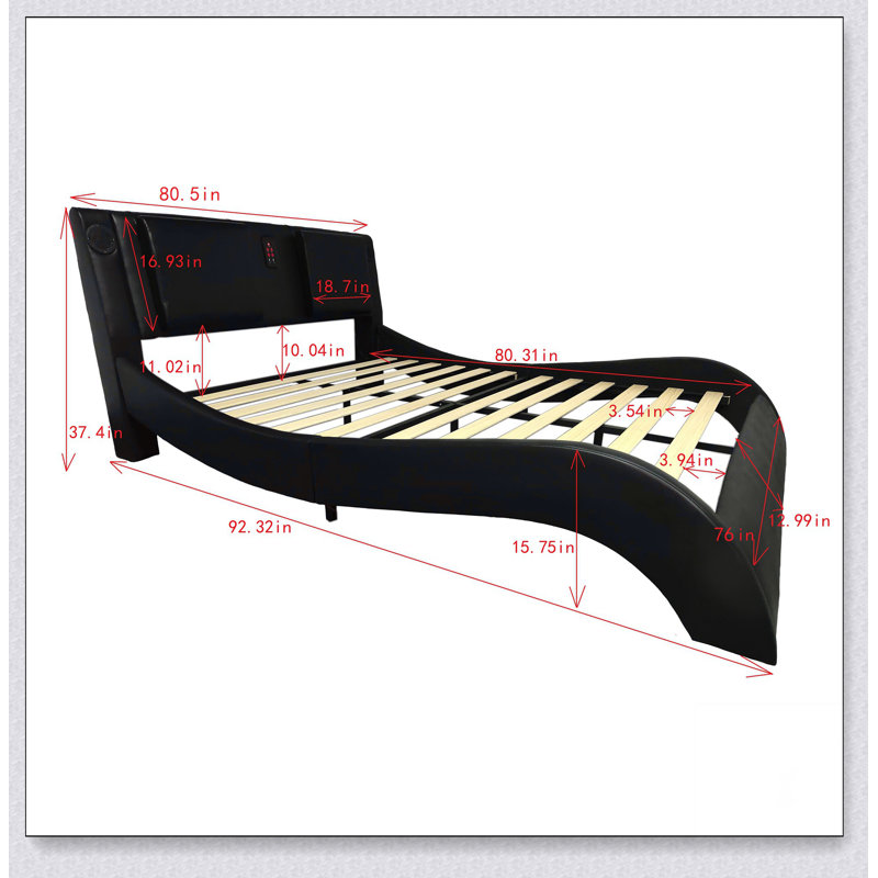 Structure de lit tapissier en similicuir avec éclairage DEL, connexion Bluetooth, Noir
