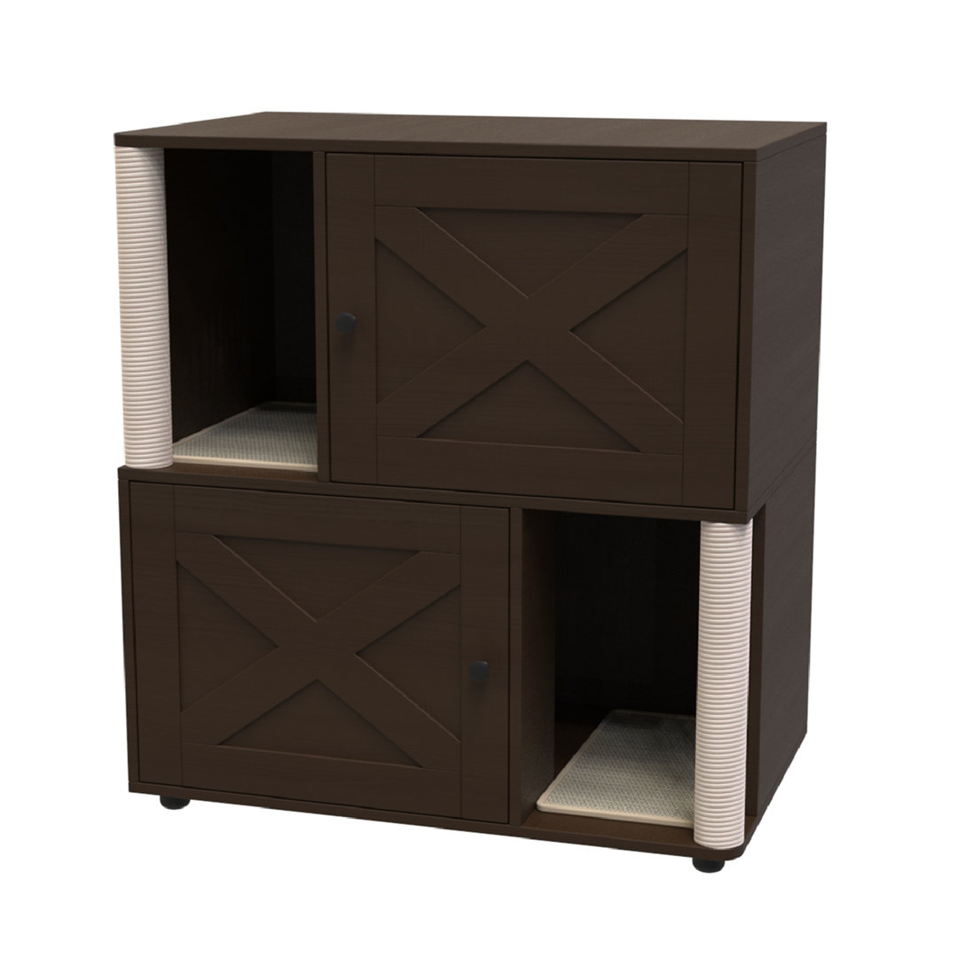 2 Tier Enclosed Litter Box Enclosure with Scratching Post and Dual Mats, Double Litter Box Enclosure Furniture for 2 Cats, Wood Cat Kitty House Cabine