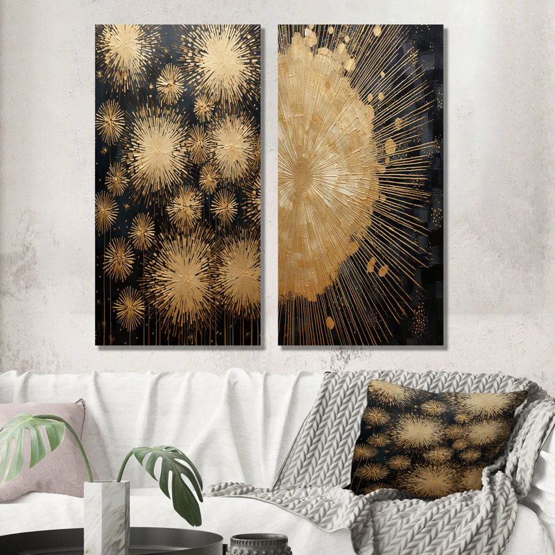 A Shower Of Golden Fireworks - Ensemble de 2 décorations murales en métal, H 32 po x l 32 po