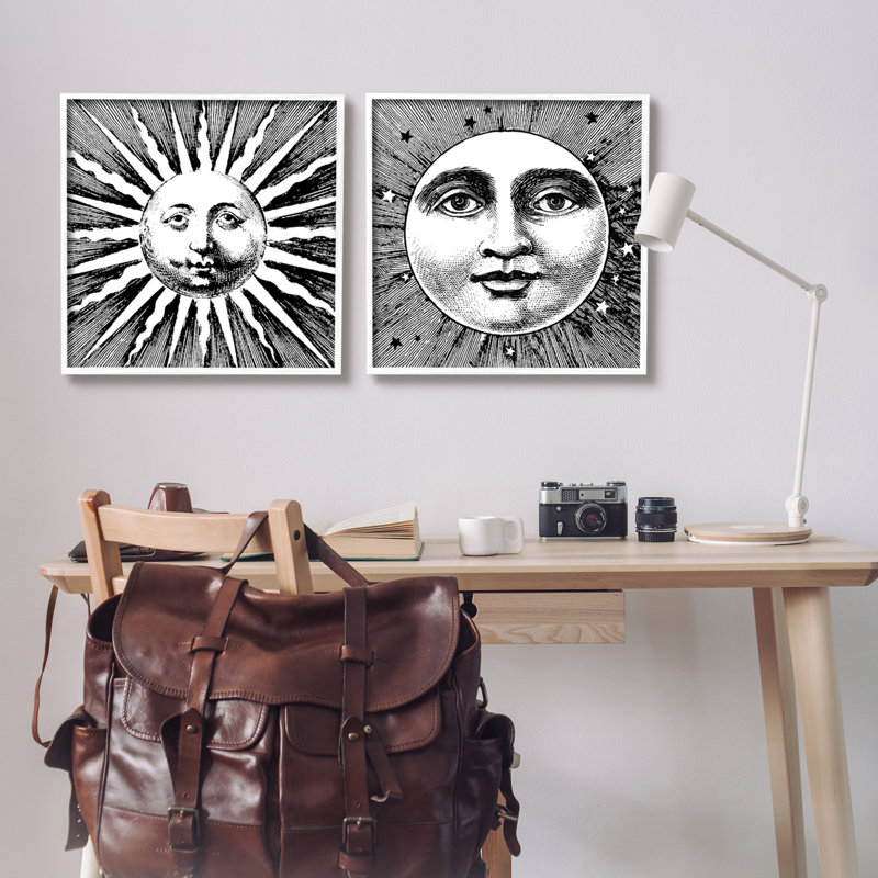 Sun and Moon faces, impression sur bois 2 pièces, H 24 po x l 48 po x P 1,5 po, Giclée encadrée blanc bord de mer
