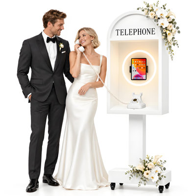 Cabine téléphonique de mariage RXFSP avec livre d'or audio, support photo, anneau lumineux 3 couleurs, support tablette rotatif à 360°, port de chargement de type C intégré et roulettes verrouillables pour événements de mariage.