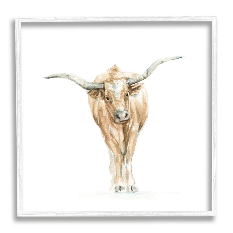 «Longhorn bovin aquarelle» par Fox Hollow Studios - peinture, H 24 po x l 24 po x P 1,5 po, Giclée encadrée blanc bord de mer
