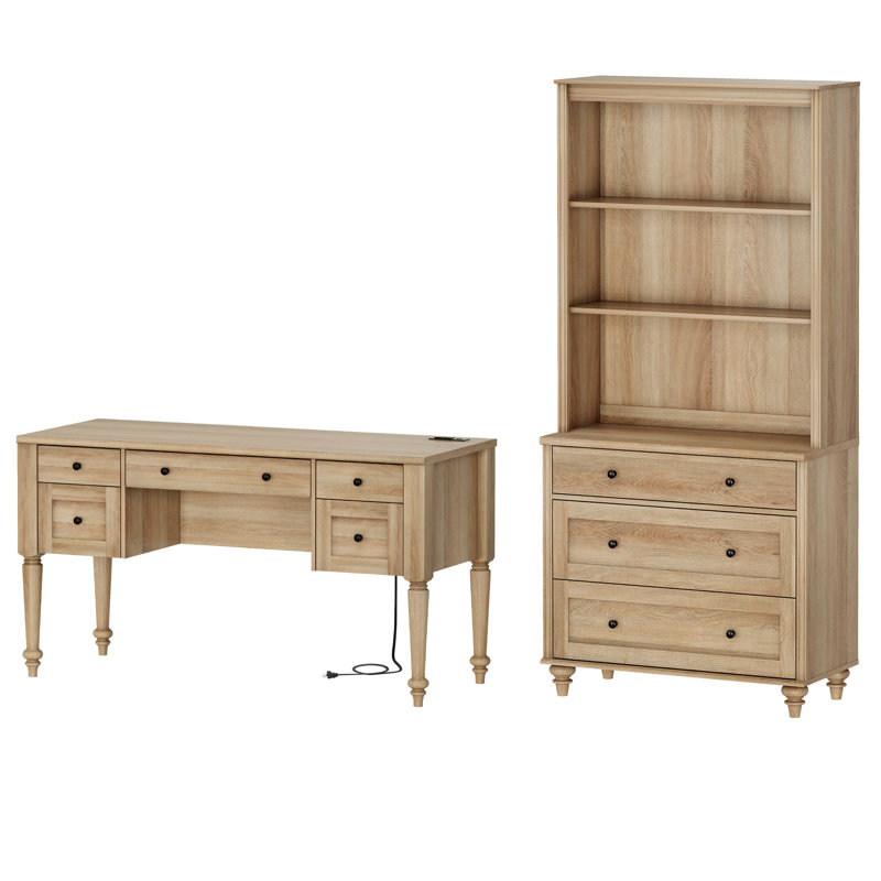 2 - Piece Office Set, 56" Executive Desk & Bookcase With Drawers, Oak