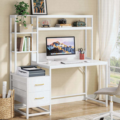 Bureau d'ordinateur 55 "avec huche, 2 tiroirs et tablettes, poste de travail multifonctionnel