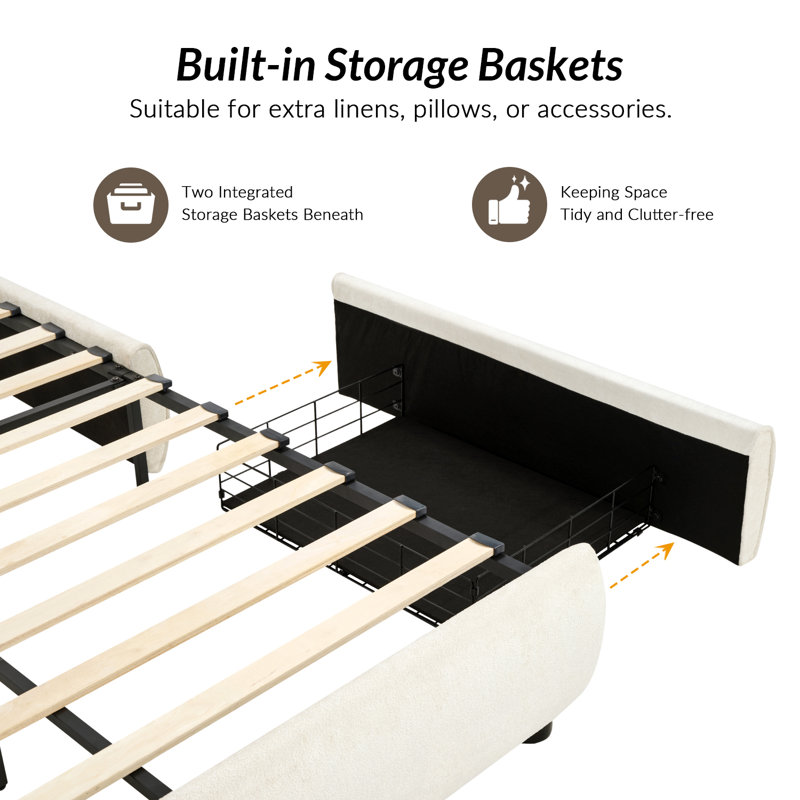 Gervais Modern Curved Upholstered Storage Bed, Queen, White