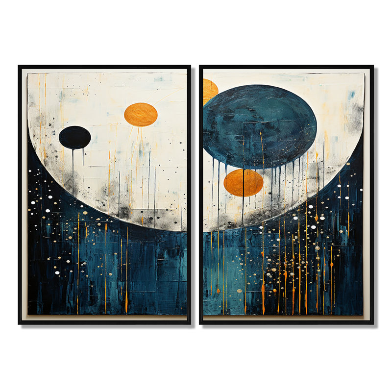 Bleu sarcelle jaune Mid Century Minimalist Rain II - art mural moderne, H 36 po x l 48 po, Impression encadrée flottante