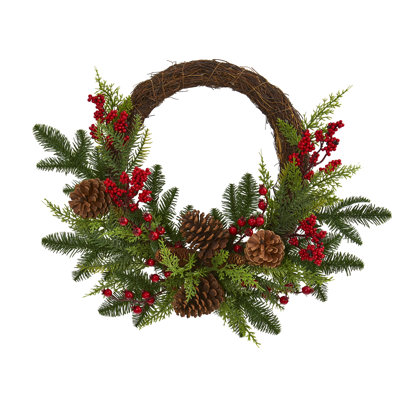 Mixed Pine and Cedar with Berries and Pine Cones Wreath