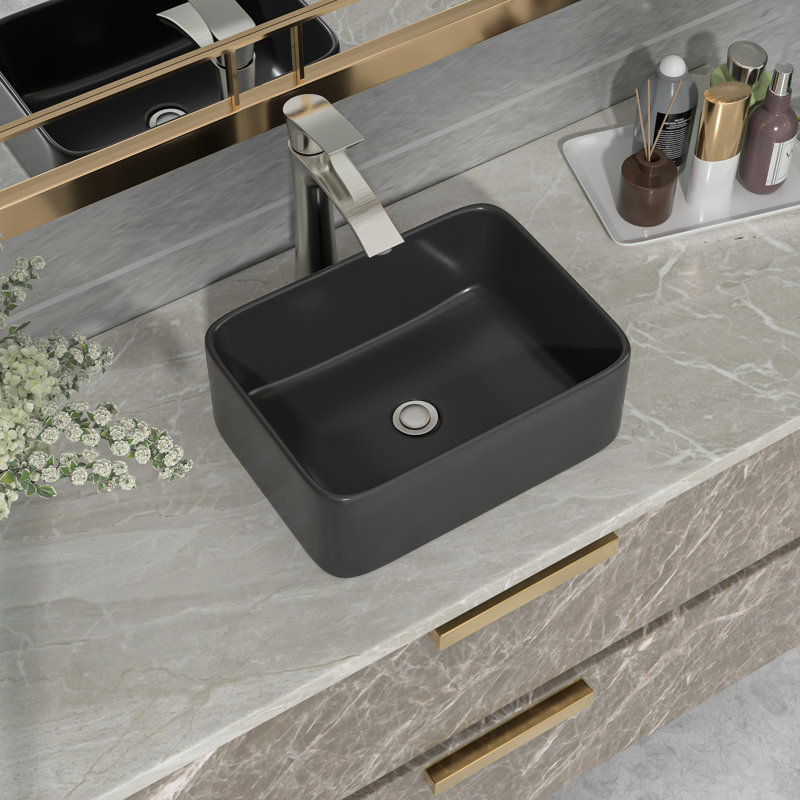 16" Black Ceramic Rectangular Vessel Bathroom Sink