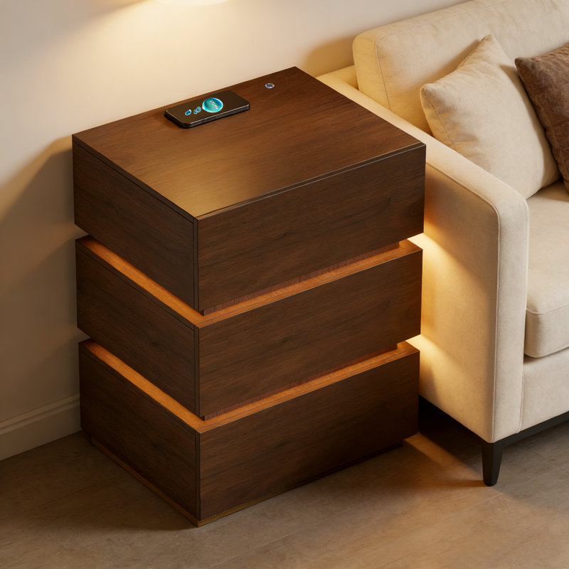 Table de chevet intelligente à 3 tiroirs avec lumière DEL, Noyer brun
