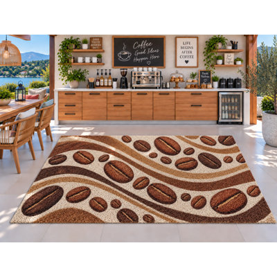 Tapis d'extérieur 5' x 7' à motif de grains de café et de vagues, en PVC épais, imperméable et résistant, à boucles, idéal pour une terrasse, un patio, un intérieur ou un extérieur, séchage rapide, pour cuisine, porche, terrasse, balcon ou entrée.
