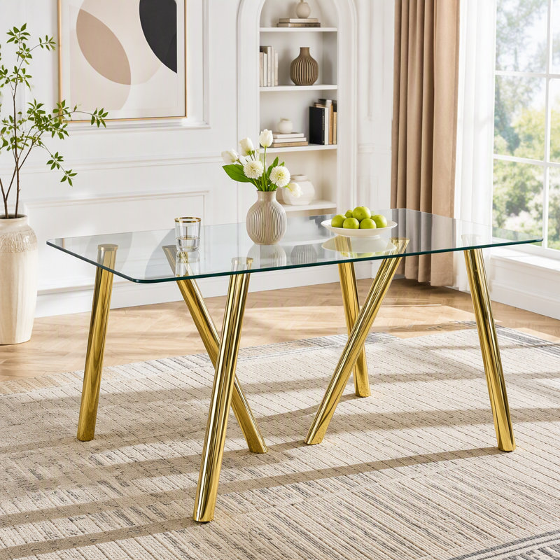 Table de salle à manger en verre trempé 71 pouces avec pieds en métal robustes, Gold+Transparent