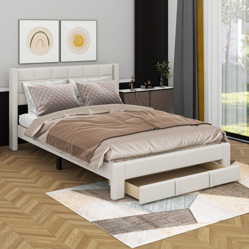 Grand lit plateforme tapissier avec grand tiroir, Beige