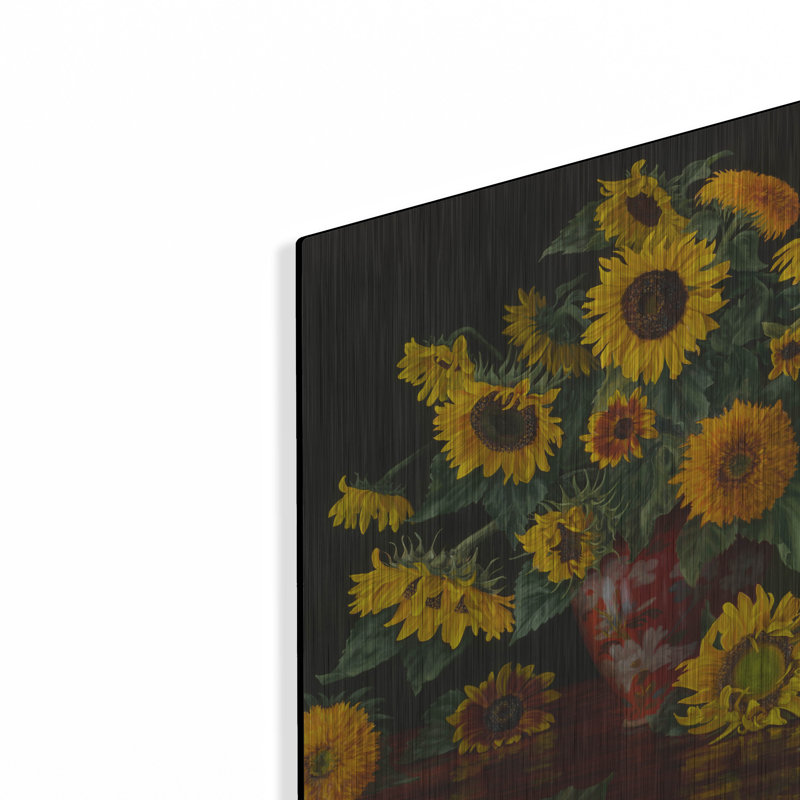 «Sunflowers With Two Crimson Vases» par Christopher Pierce, art mural en métal, H 12 po x l 16 po