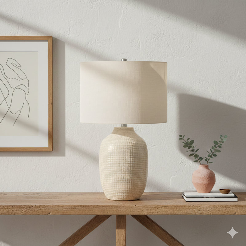 Lighting, H 26 po, lampe de table, céramique crème, abat-jour ivoire / crème, contemporain, Crème