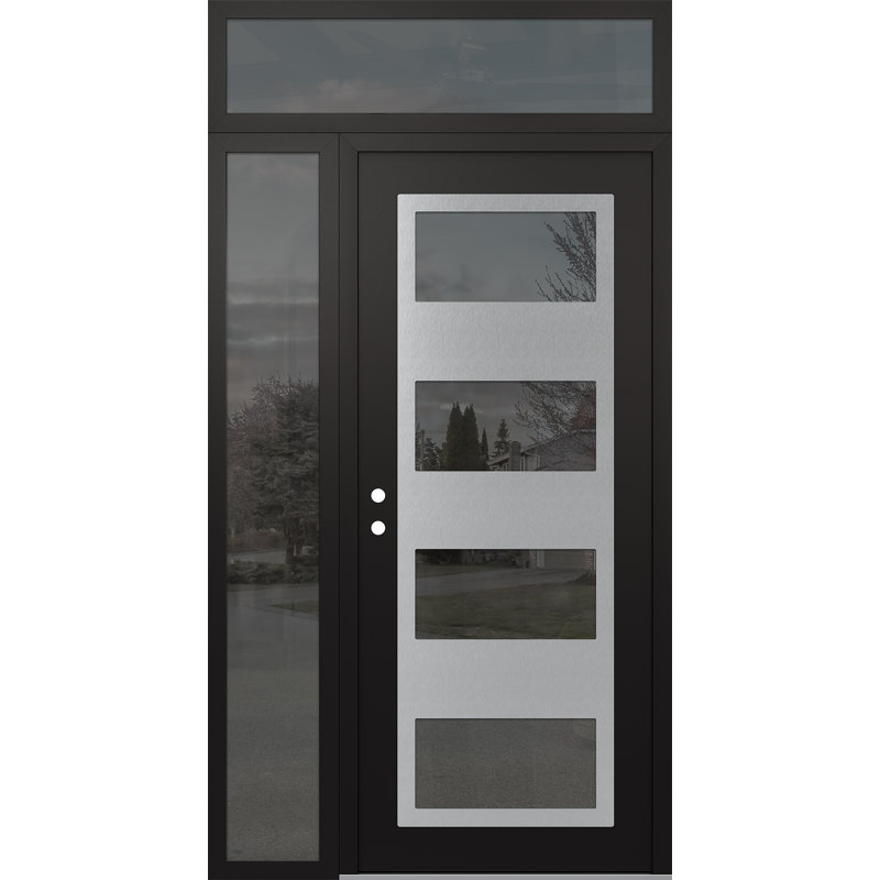 Panneau d'entrée en acier argenté noir / noir avec porte latérale avant et traverse, H 95,69 po x l 49,25 po, Miroitant, Oui