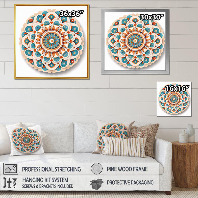 Mandala sacré en rétro bleu et orange - art mural Mandala Boho, 36" H x 36" W, Cadre argenté flottant