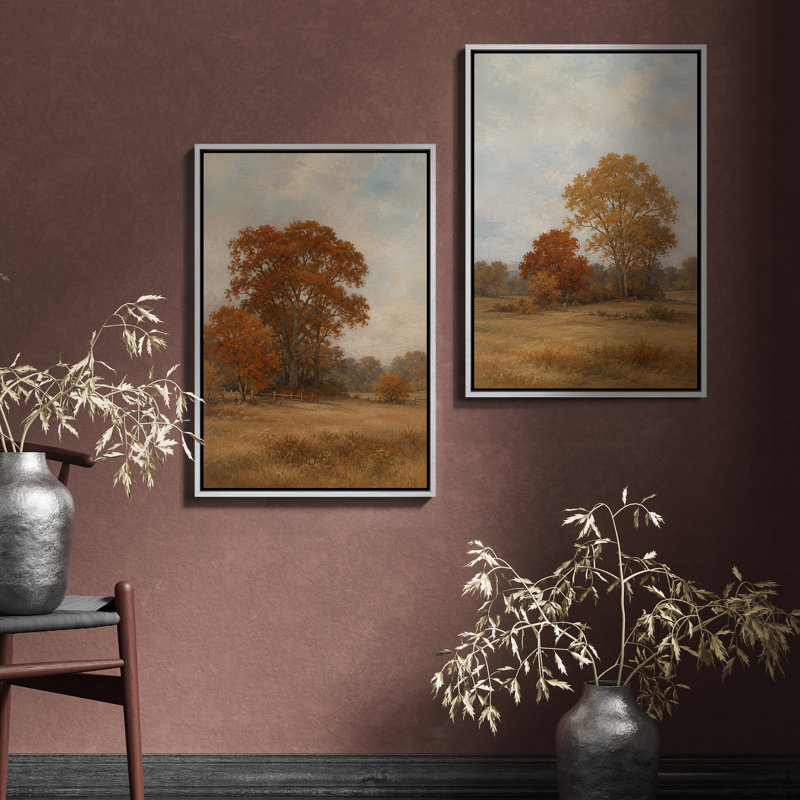 Automne, chêne, pré, ferme, salon, décoration, 2 pièces, impression encadrée, H 24 po x l 16 po, Blanc