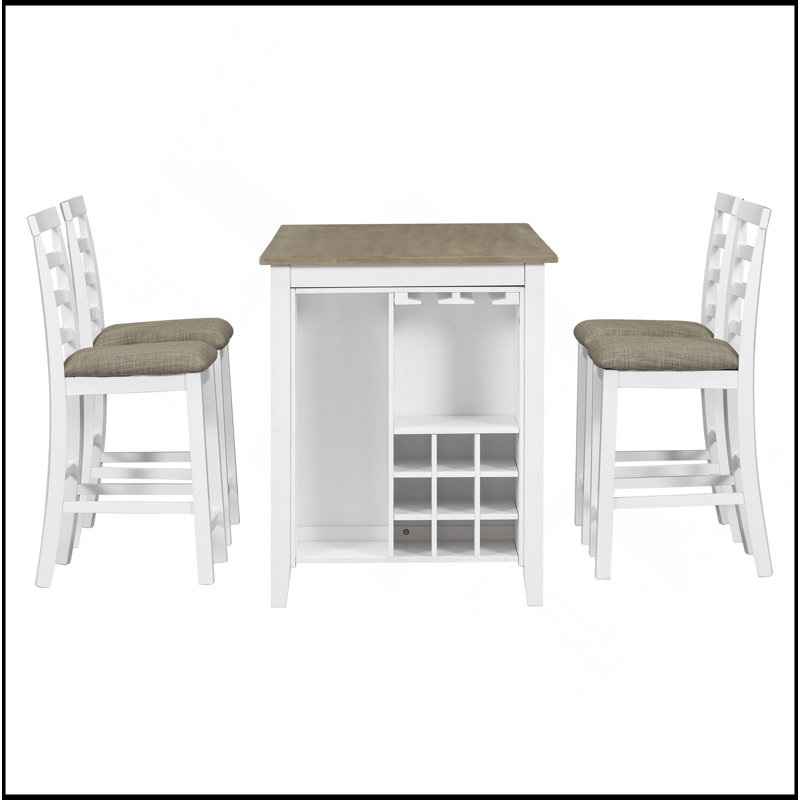 Ensemble de salle à manger 5 pièces à hauteur de comptoir en bois d'hévéa multifonctionnel avec chaises rembourrées et compartiment à vin intégré à 9 bars, porte-verres à vin pour la salle à manger