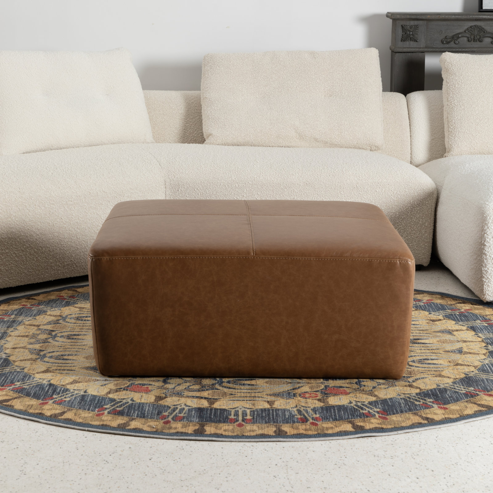 35" Genuine Leather Ottoman, Cognac Genuine Leather