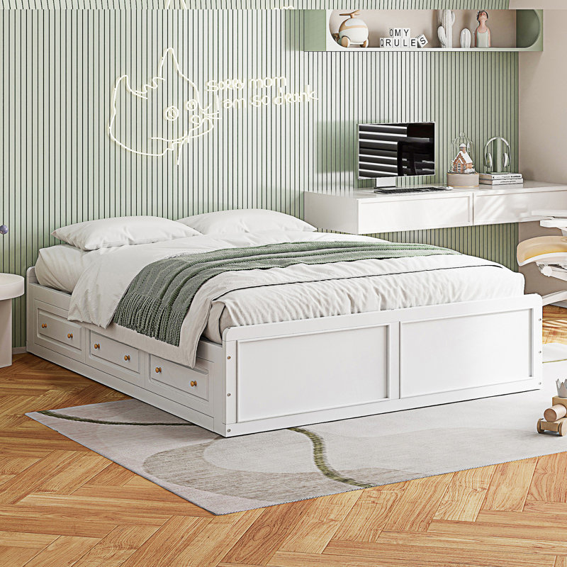 Structure de lit plateforme grand avec 6 tiroirs, Blanc