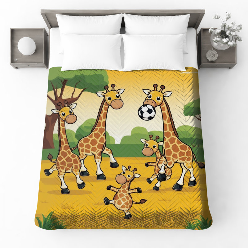 Couvre-lit matelassé girafes jouant au soccer toutes tailles, Lit simple